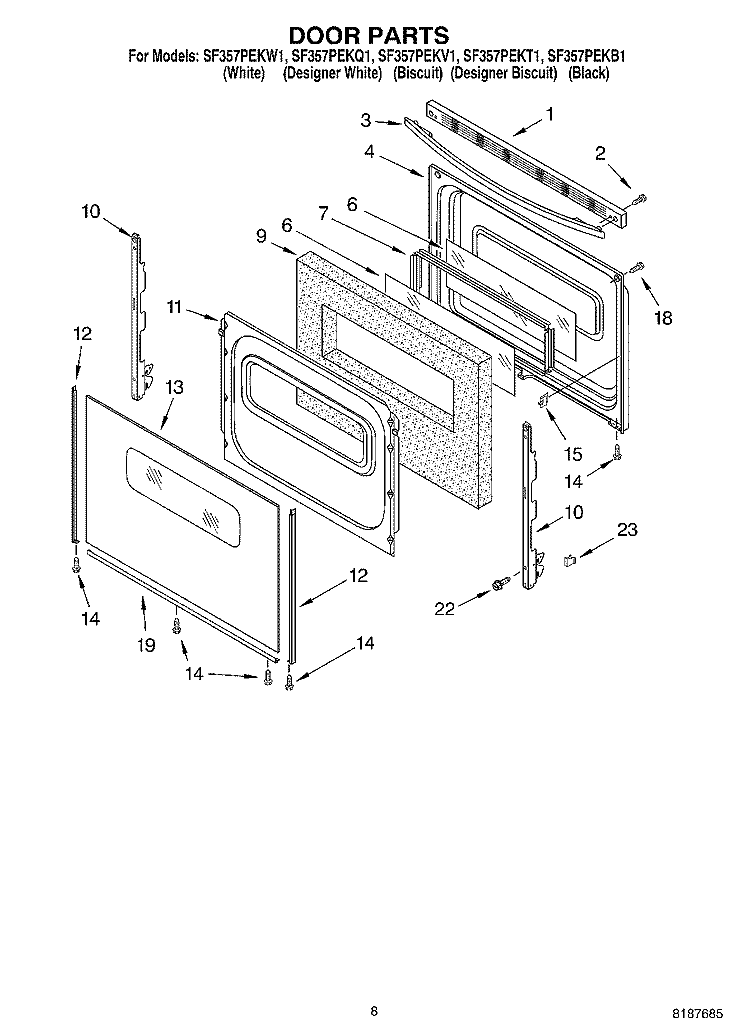 DOOR Diagram and Parts List for SF357PEKT1  Whirlpool Range