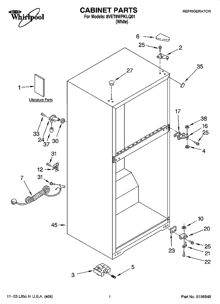 CABINET PARTS Diagram and Parts List for 8VET8WPKLQ01  Whirlpool Refrigerator