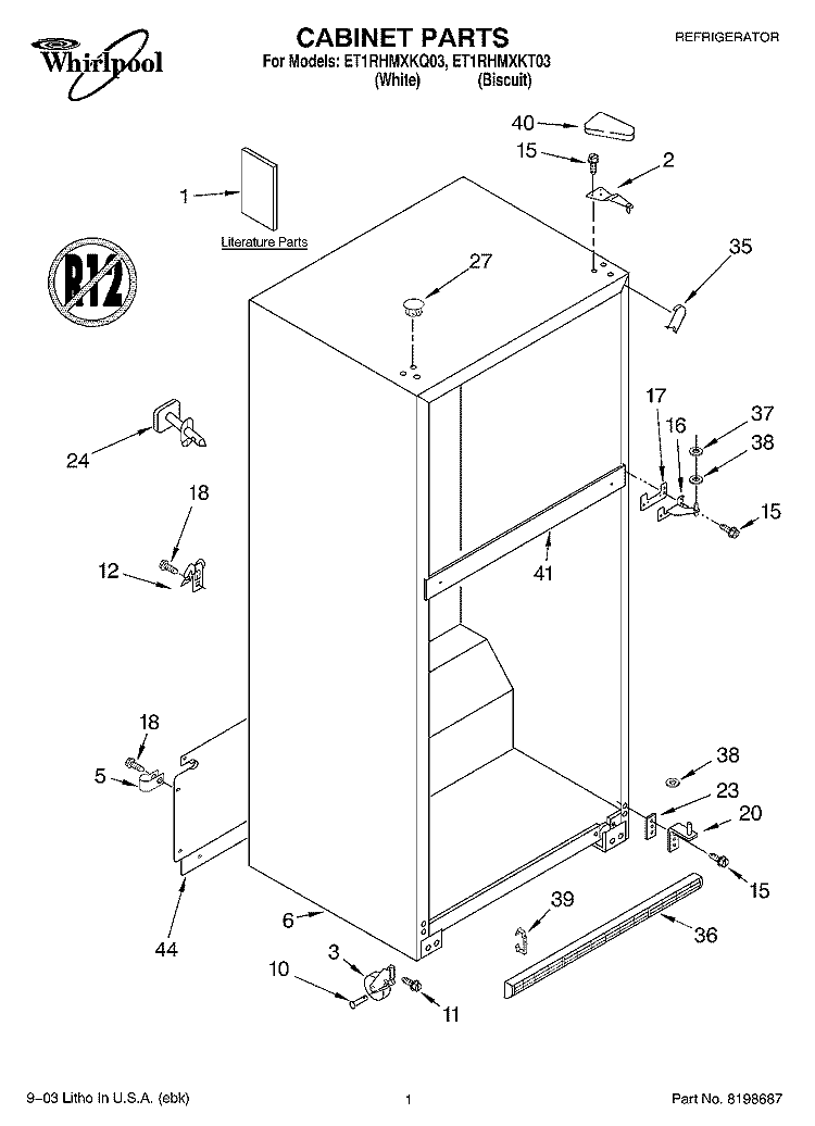 CABINET PARTS Diagram and Parts List for ET1RHMXKT03  Whirlpool Refrigerator