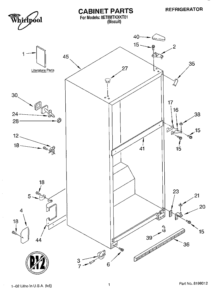 CABINET, LITERATURE Diagram and Parts List for 8ET8MTKXKT01  Whirlpool Refrigerator