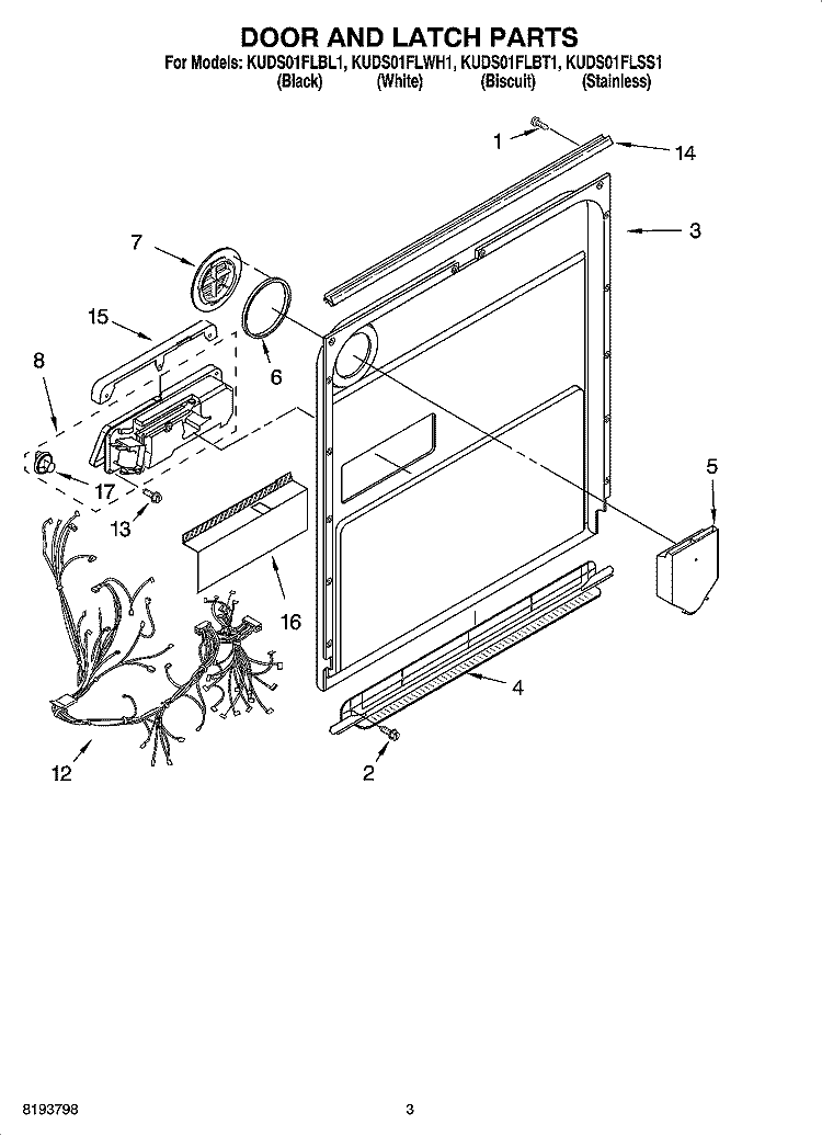 DOOR AND LATCH PARTS Diagram and Parts List for KUDS01FLSS1  KitchenAid Dishwasher