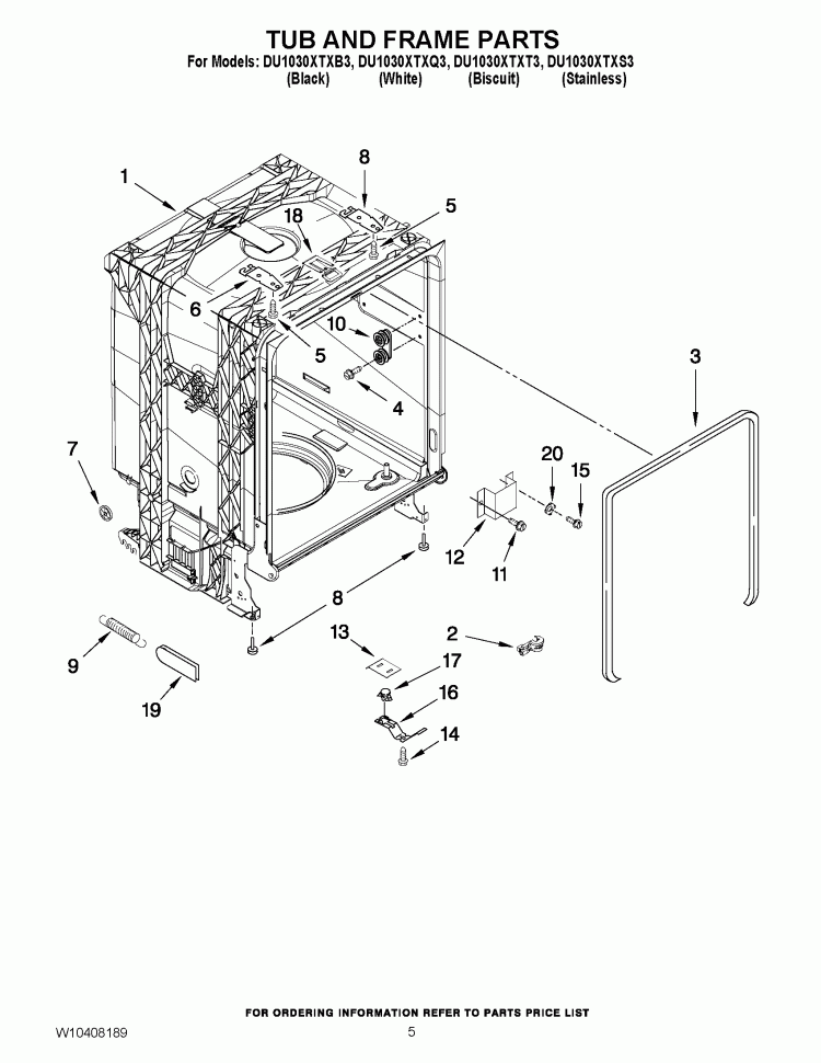 TUB AND FRAME PARTS Diagram and Parts List for DU1030XTXT3  Whirlpool Dishwasher