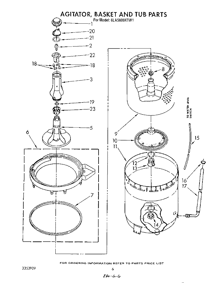 AGITATOR, BASKET AND TUB Diagram and Parts List for 6LA5800XTF1  Whirlpool Washer