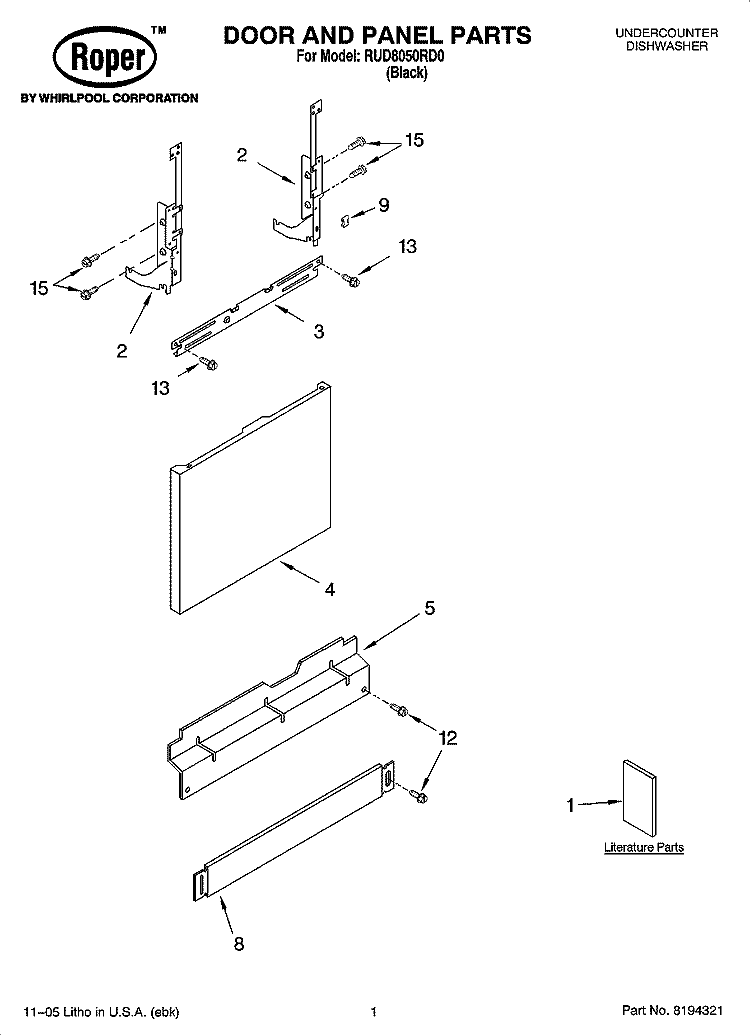 DOOR AND PANEL PARTS Diagram and Parts List for RUD8050RD0  Roper Dishwasher