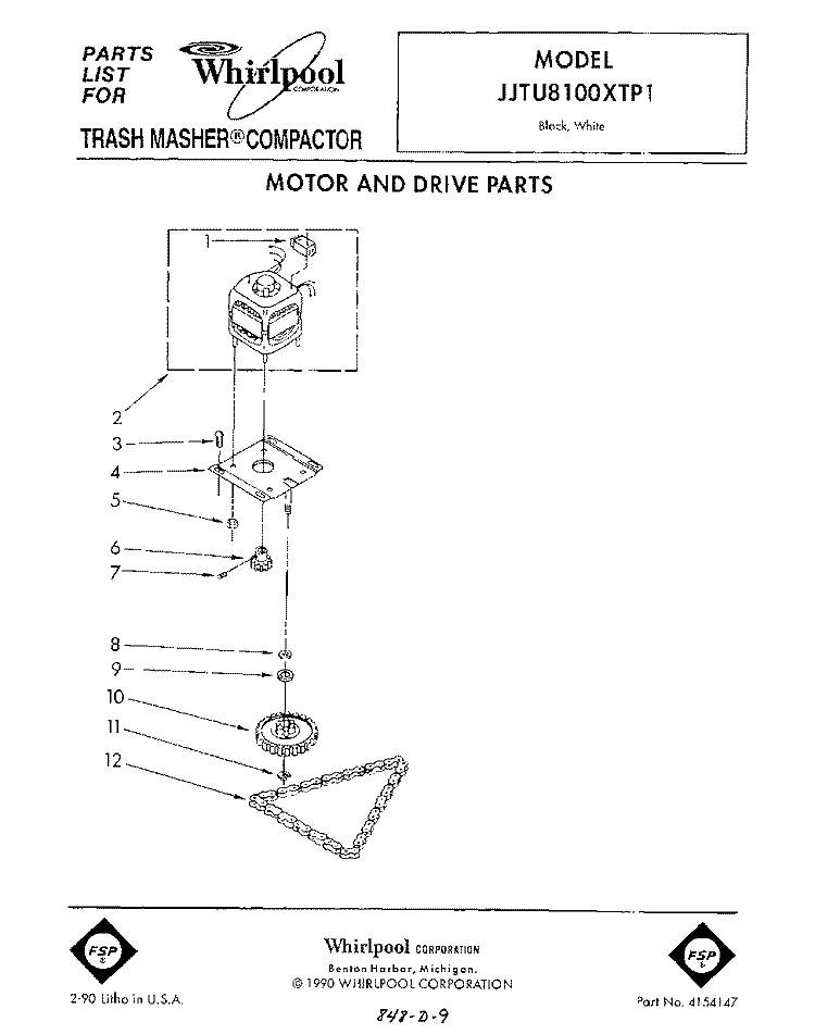 MOTOR AND DRIVE , LIT/OPTIONAL Diagram and Parts List for JJTU8100XTP1  Whirlpool Trash Compactor