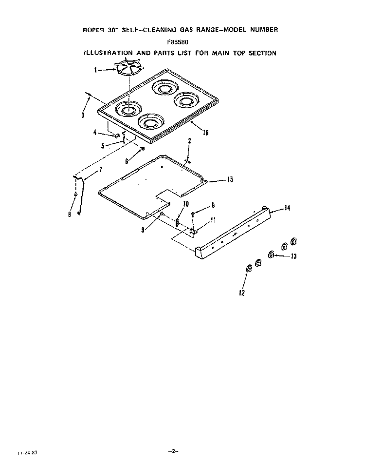 MAIN TOP Diagram and Parts List for F8558W0  Roper Range