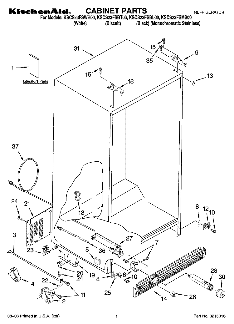CABINET PARTS Diagram and Parts List for KSCS23FSBL00  KitchenAid Refrigerator