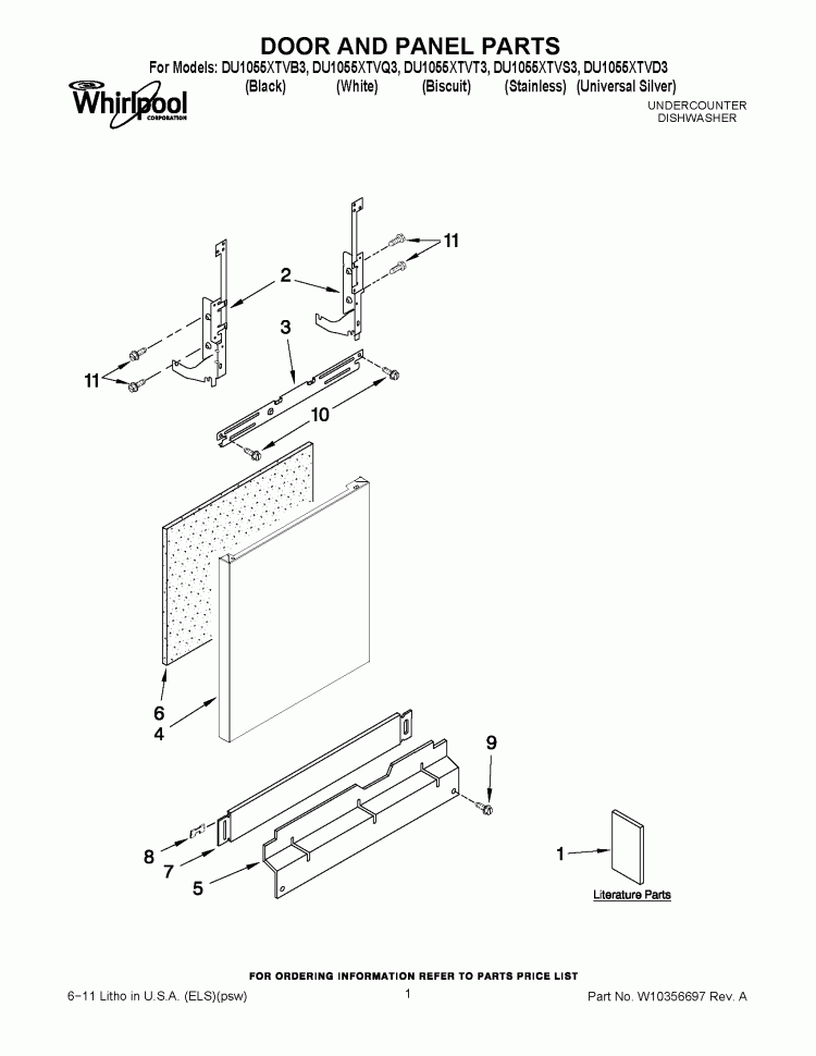 DOOR AND PANEL PARTS Diagram and Parts List for DU1055XTVD3  Whirlpool Dishwasher
