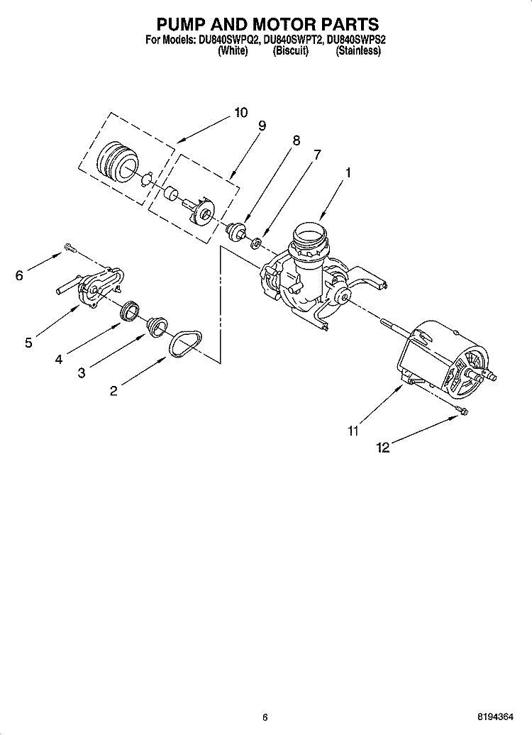 PUMP AND MOTOR PARTS Diagram and Parts List for DU840SWPQ2  Whirlpool Dishwasher