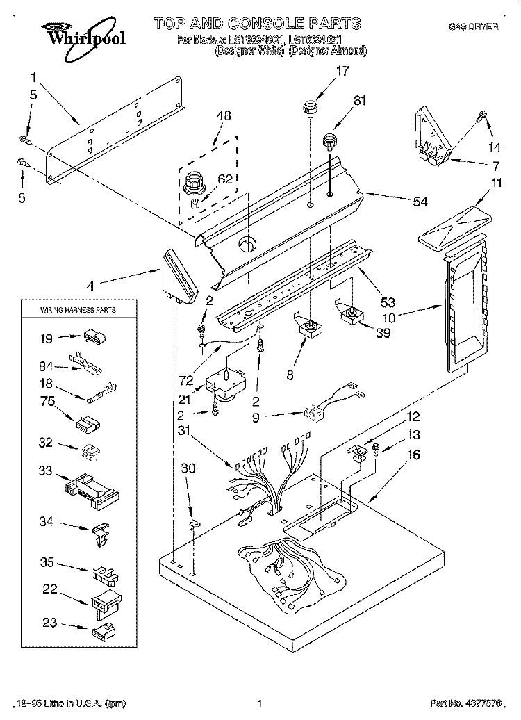 TOP AND CONSOLE, LIT/OPTIONAL Diagram and Parts List for LGT6634DZ1  Whirlpool Dryer