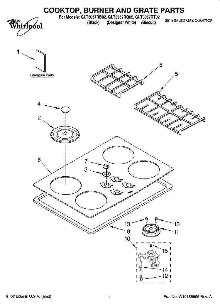 COOKTOP, BURNER AND GRATE PARTS Diagram and Parts List for GLT3057RQ02  Whirlpool Cooktop