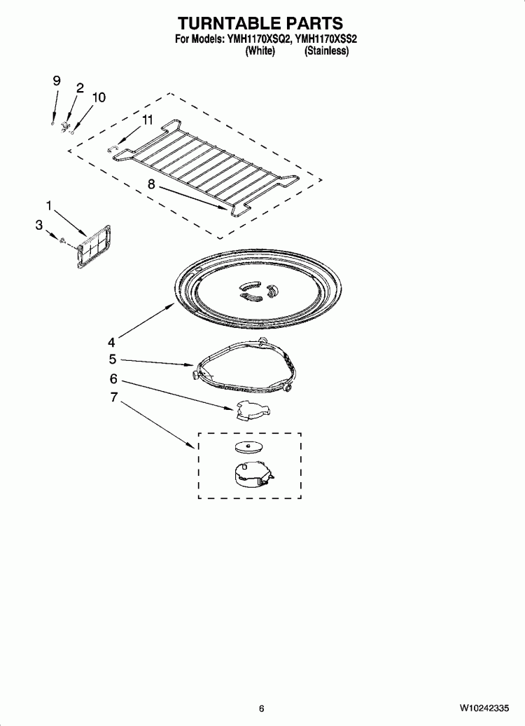 TURNTABLE PARTS Diagram and Parts List for YMH1170XSS2  Whirlpool Microwave