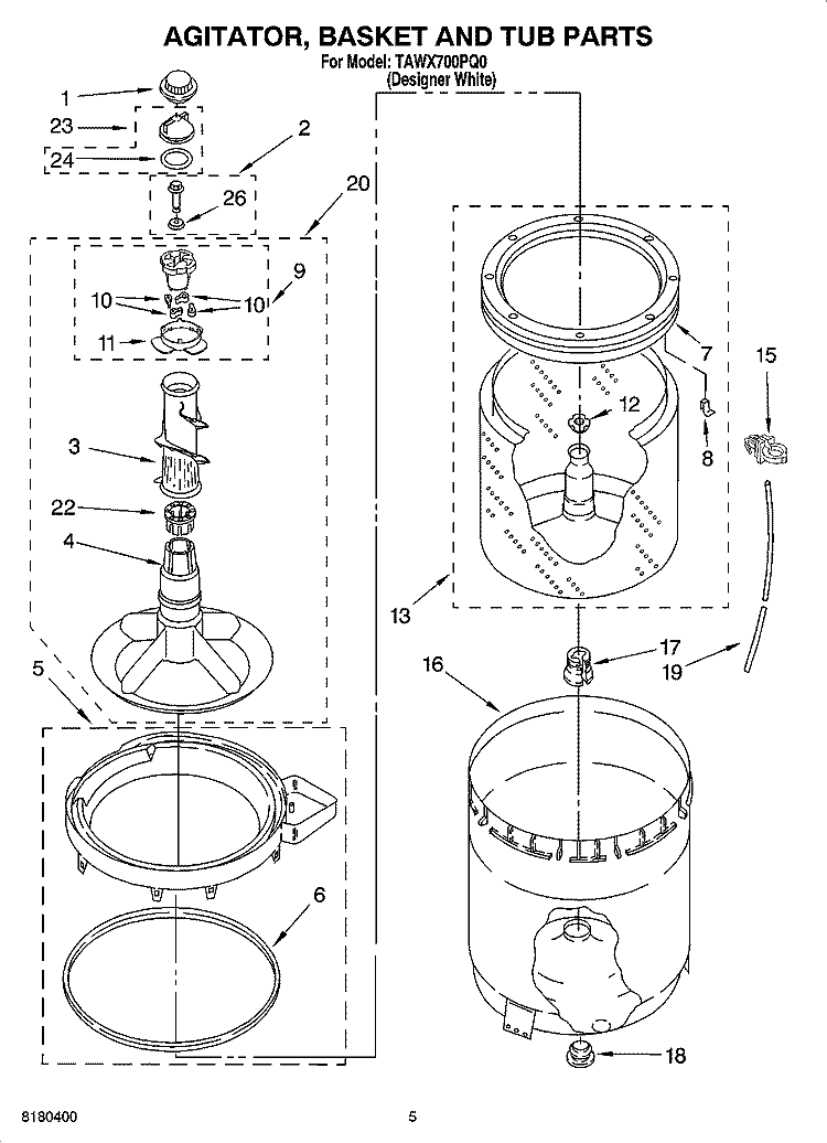 AGITATOR, BASKET AND TUB PARTS Diagram and Parts List for TAWX700PQ0  Estate Washer