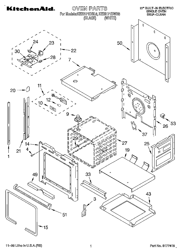 OVEN Diagram and Parts List for KEBI171DBL8  KitchenAid Wall Oven