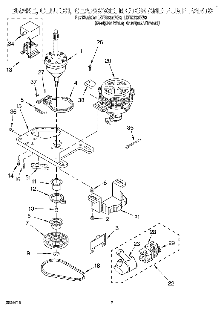 BRAKE, CLUTCH, GEARCASE, MOTOR AND PUMP Diagram and Parts List for LCR5232DQ0  Whirlpool Washer
