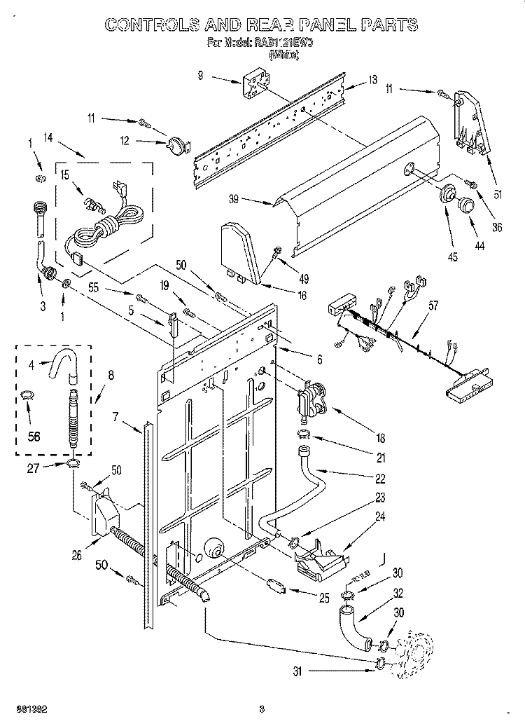 CONTROLS AND REAR PANEL Diagram and Parts List for RAB1121EW0  Roper Washer