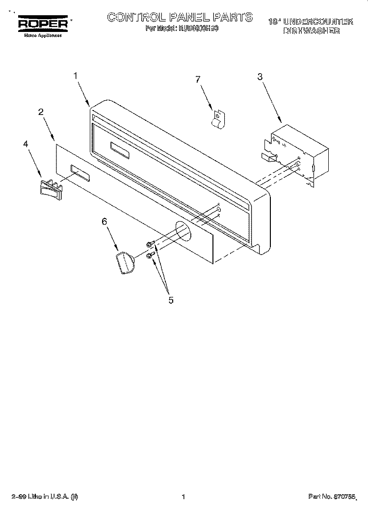 CONTROL PANEL Diagram and Parts List for RUD0800HB0  Roper Dishwasher