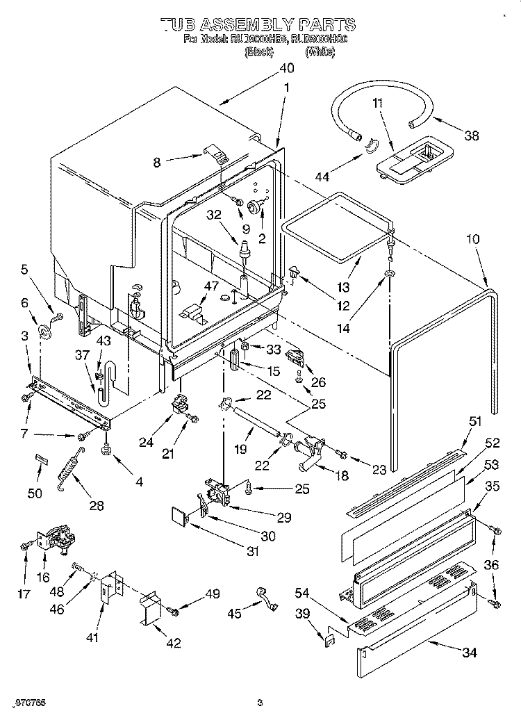 TUB ASSEMBLY Diagram and Parts List for RUD5000HB0  Roper Dishwasher