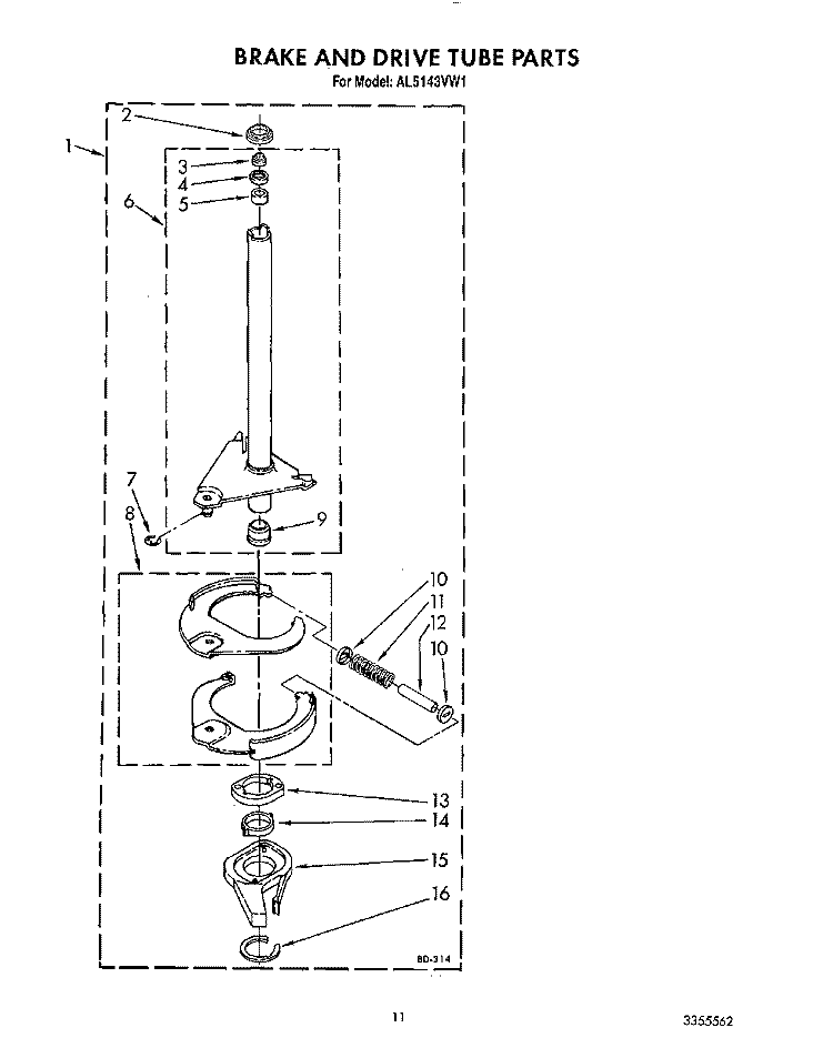 BRAKE AND DRIVE TUBE Diagram and Parts List for AL5143VW1  Whirlpool Washer