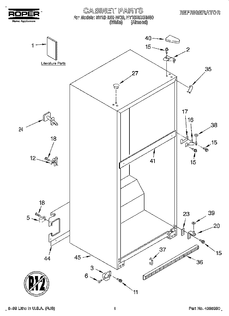 CABINET, LITERATURE Diagram and Parts List for RT18HDXHN00  Roper Refrigerator