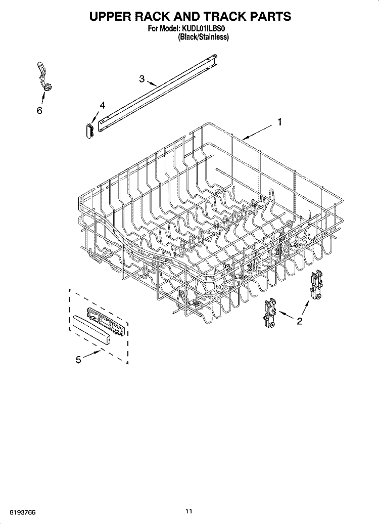 UPPER RACK AND TRACK PARTS Diagram and Parts List for KUDL01ILBS0  KitchenAid Dishwasher