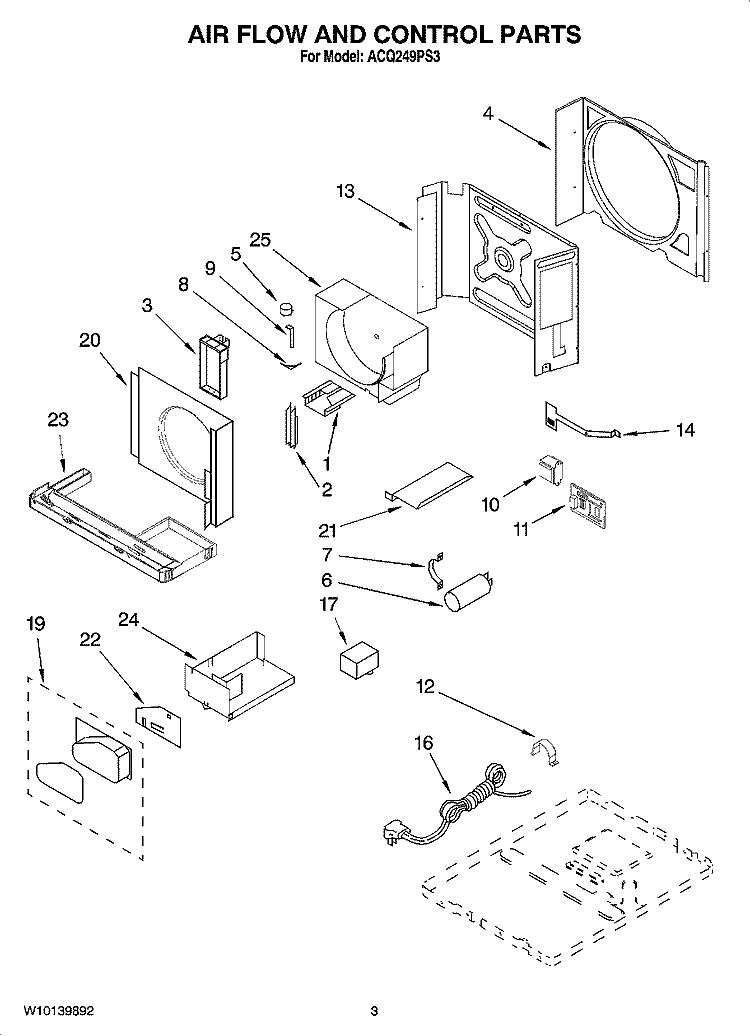 AIR FLOW AND CONTROL PARTS Diagram and Parts List for ACQ249PS3  Whirlpool Air Conditioner