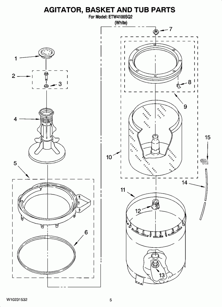AGITATOR, BASKET AND TUB PARTS Diagram and Parts List for ETW4100SQ2  Estate Washer