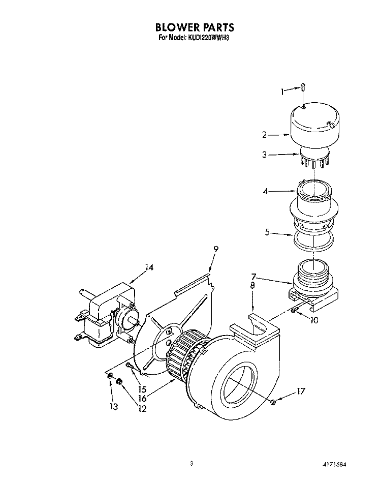 BLOWER Diagram and Parts List for KUDI220WWH3  KitchenAid Dishwasher