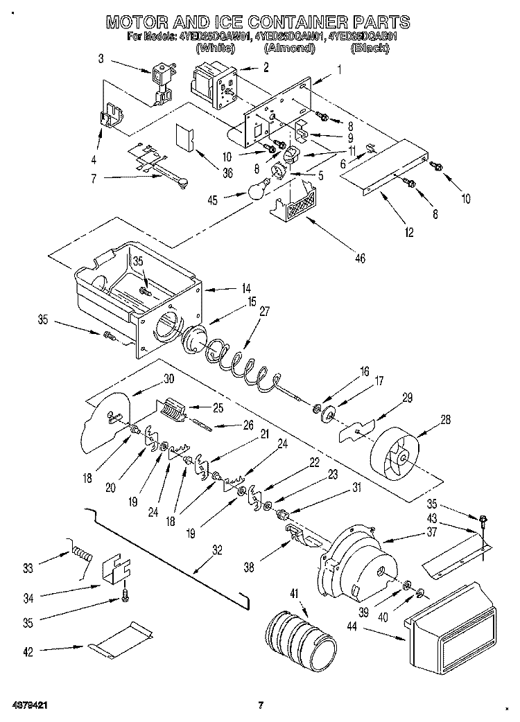 MOTOR AND ICE CONTAINER Diagram and Parts List for 4YED25DQAB01  Whirlpool Refrigerator