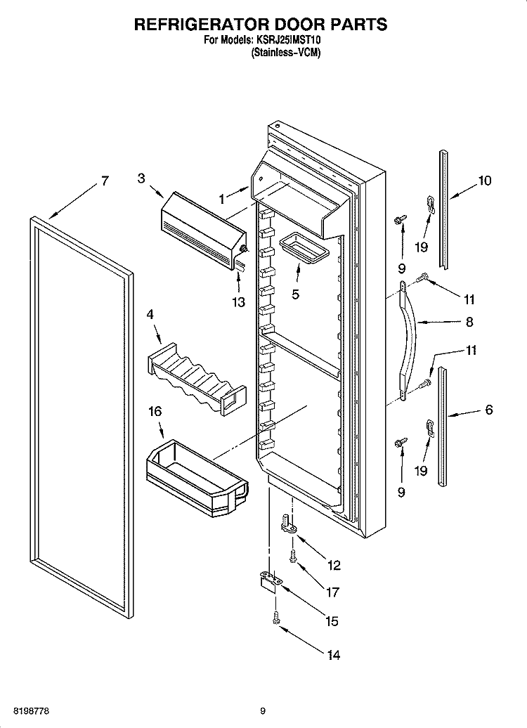 REFRIGERATOR DOOR PARTS Diagram and Parts List for KSRJ25IMST10  KitchenAid Refrigerator