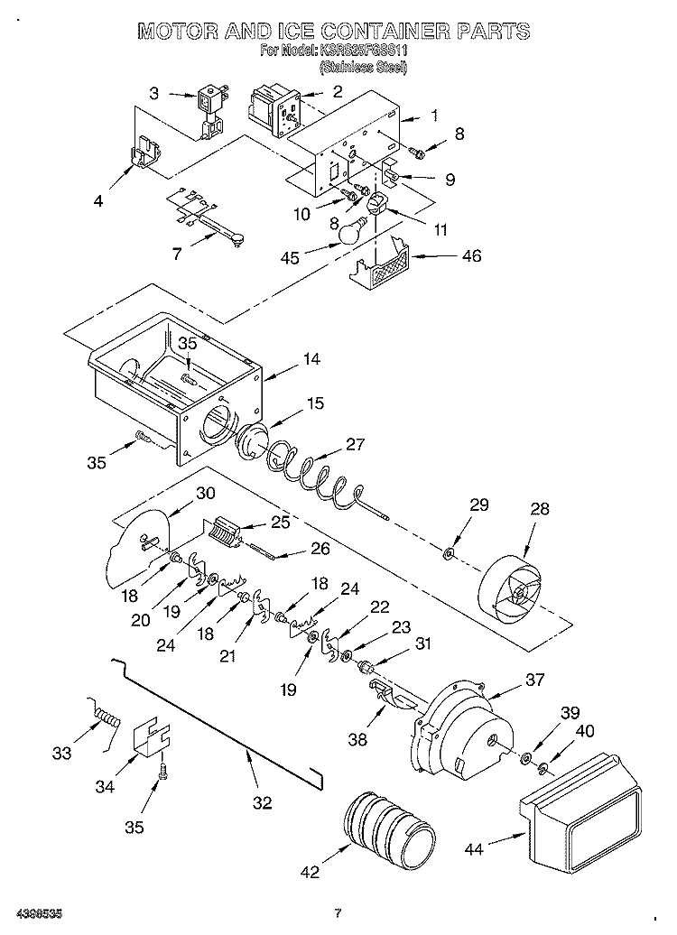 MOTOR AND ICE CONTAINER Diagram and Parts List for KSRS25FGSS11  KitchenAid Refrigerator