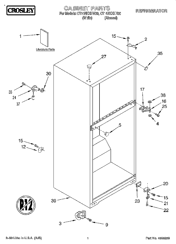 CABINET, LITERATURE Diagram and Parts List for CT14NKXHW00  Crosley Refrigerator