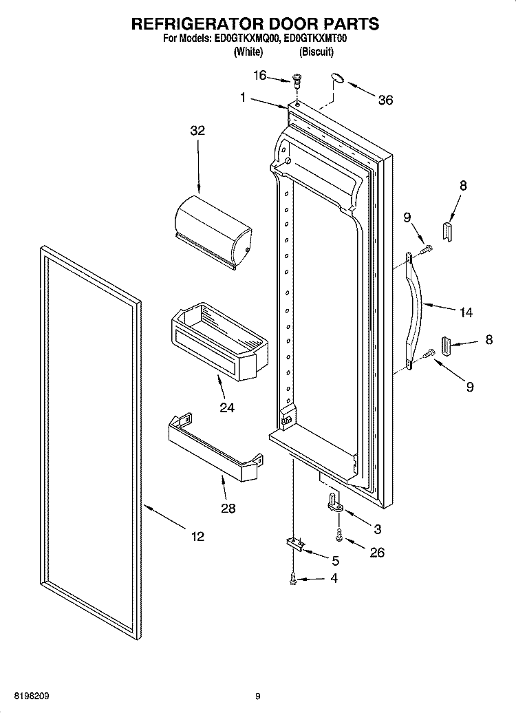 REFRIGERATOR DOOR PARTS Diagram and Parts List for ED0GTKXMQ00  Whirlpool Refrigerator