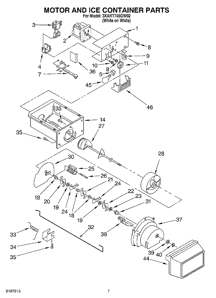 MOTOR AND ICE CONTAINER Diagram and Parts List for 3XART745GW02  Whirlpool Refrigerator
