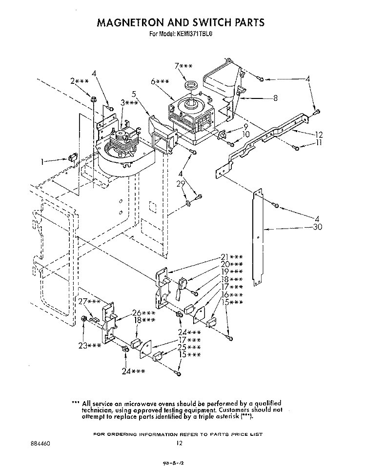 MAGNETRON AND SWITCH Diagram and Parts List for KEMI371TBL0  KitchenAid Microwave Oven Combo