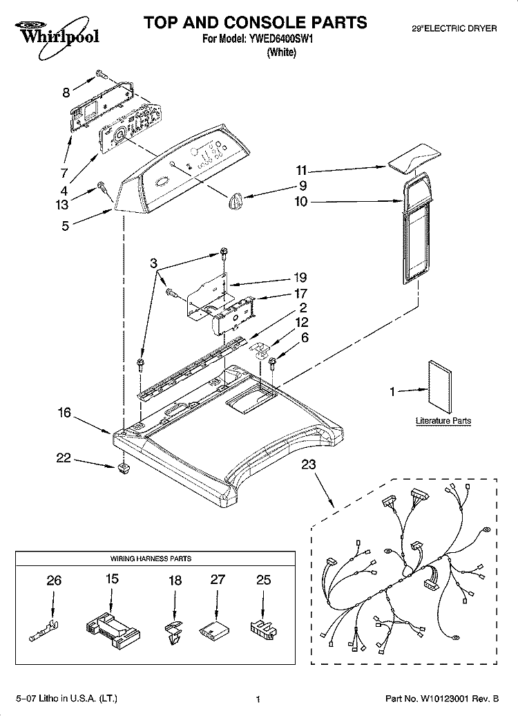 TOP AND CONSOLE PARTS Diagram and Parts List for YWED6400SW1  Whirlpool Dryer