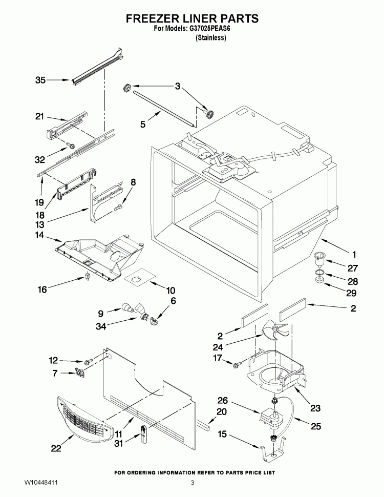 FREEZER LINER PARTS Diagram and Parts List for G37025PEAS6  Whirlpool Refrigerator