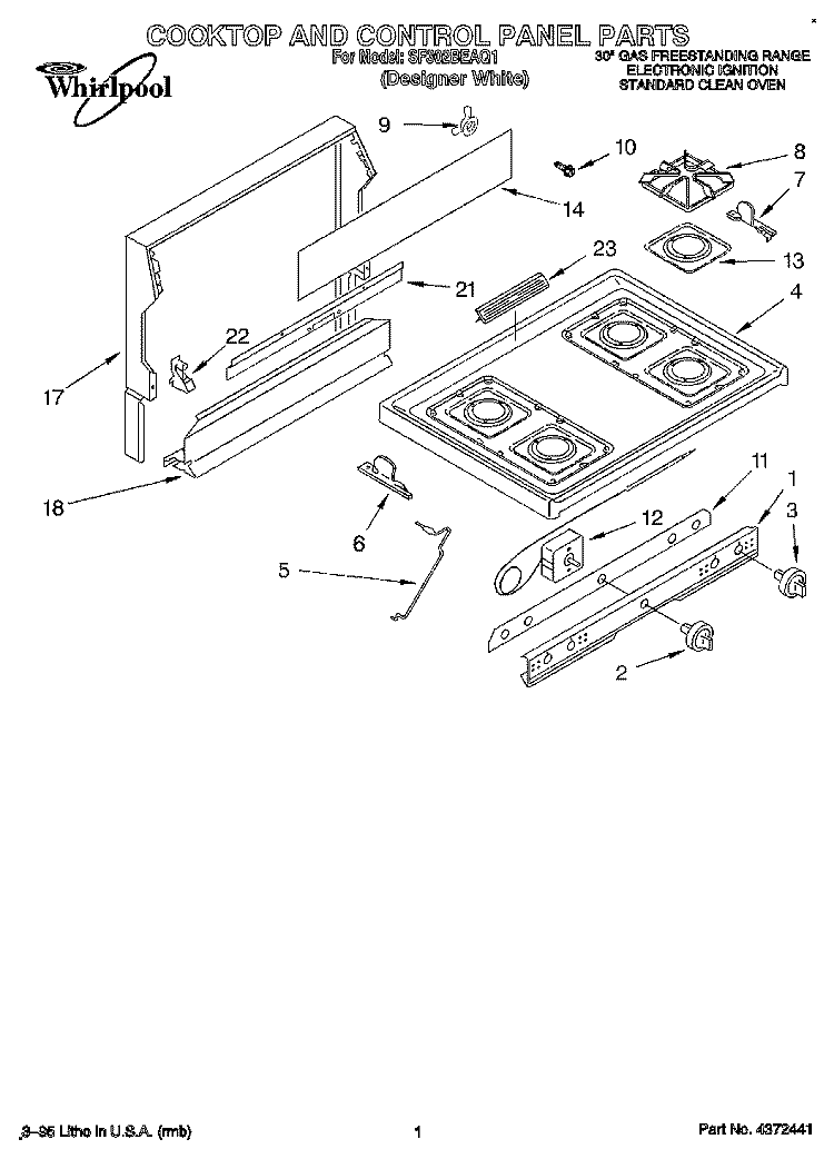 COOKTOP AND CONTROL PANEL, LITERATURE Diagram and Parts List for SF302BEAQ1  Whirlpool Range