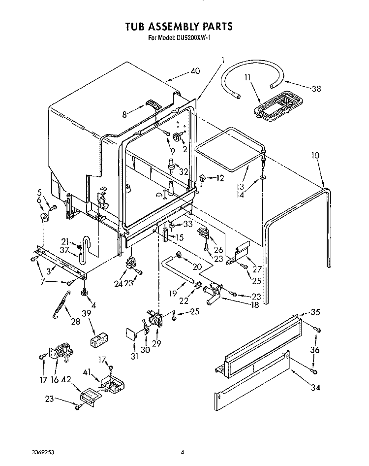 TUB ASSEMBLY Diagram and Parts List for DU5200XW1  Whirlpool Dishwasher