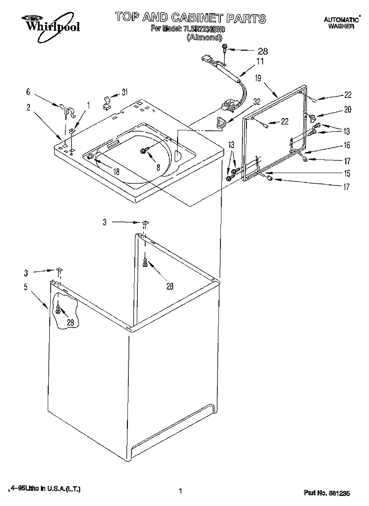 TOP AND CABINET, LIT/OPTIONAL Diagram and Parts List for 7LSR7233BN0  Whirlpool Washer