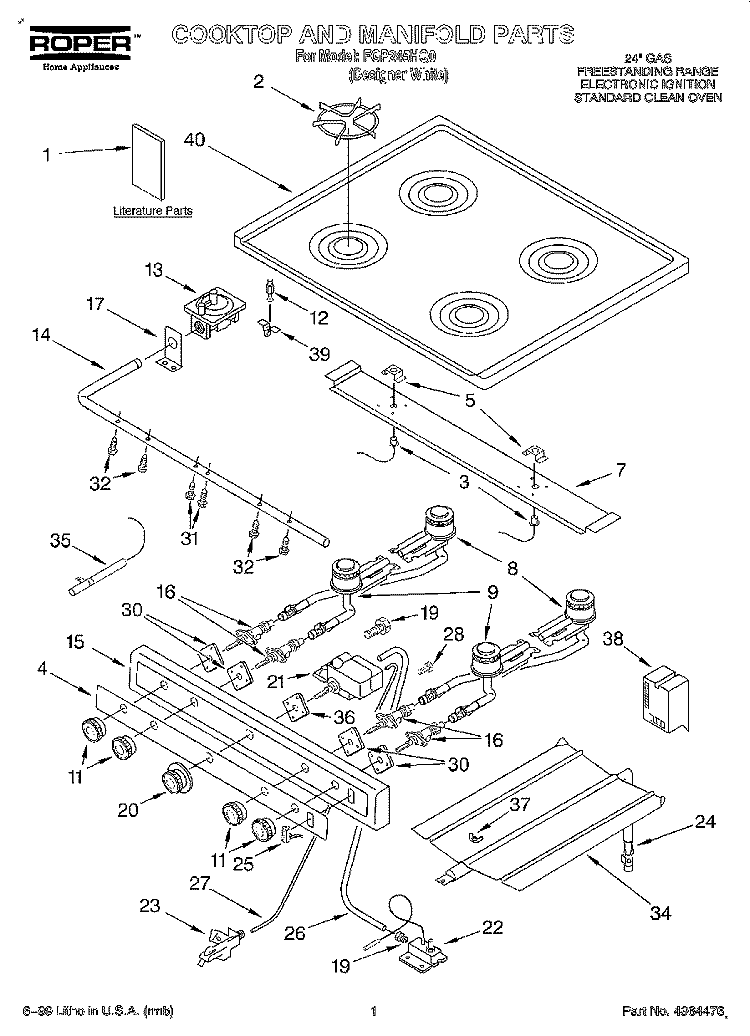 COOKTOP AND MANIFOLD, LITERATURE Diagram and Parts List for FGP245HQ0  Roper Range