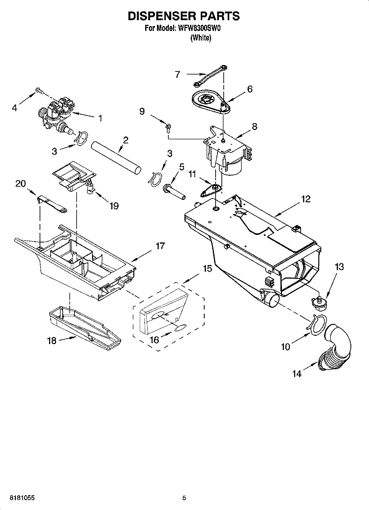 DISPENSER PARTS Diagram and Parts List for WFW8300SW0  Whirlpool Washer