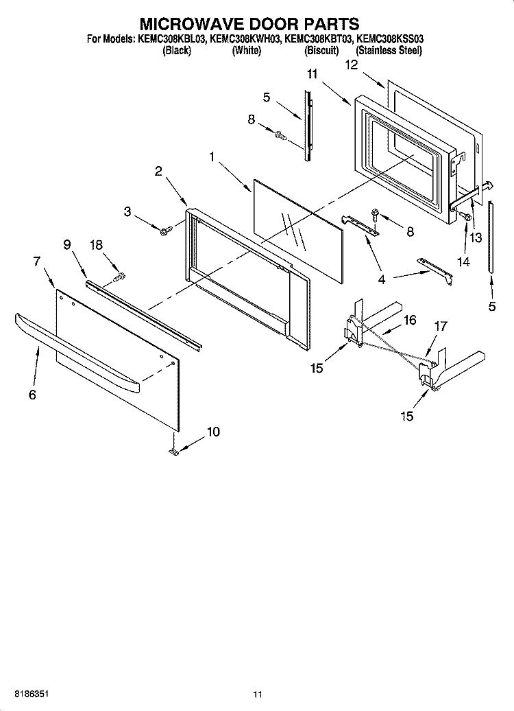 MICROWAVE DOOR PARTS, OPTIONAL PARTS Diagram and Parts List for KEMC308KSS03  KitchenAid Microwave Oven Combo