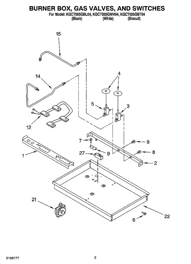 BURNER BOX, GAS VALVES, AND SWITCHES Diagram and Parts List for KGCT055GWH04  KitchenAid Cooktop