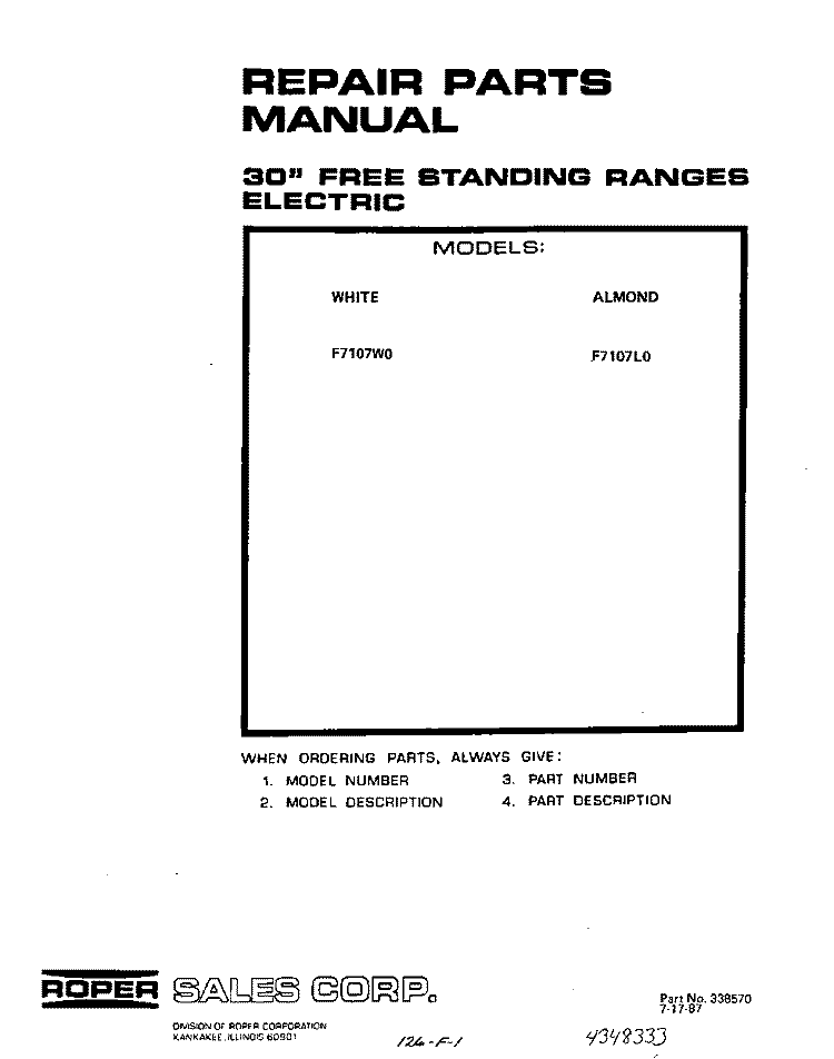 BACKGUARD Diagram and Parts List for F7107W0  Roper Range