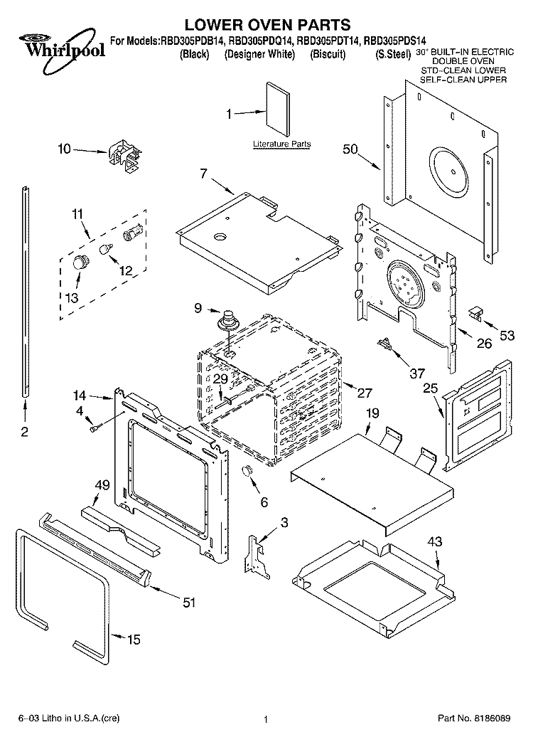 LOWER OVEN PARTS Diagram and Parts List for RBD305PDS14  Whirlpool Wall Oven
