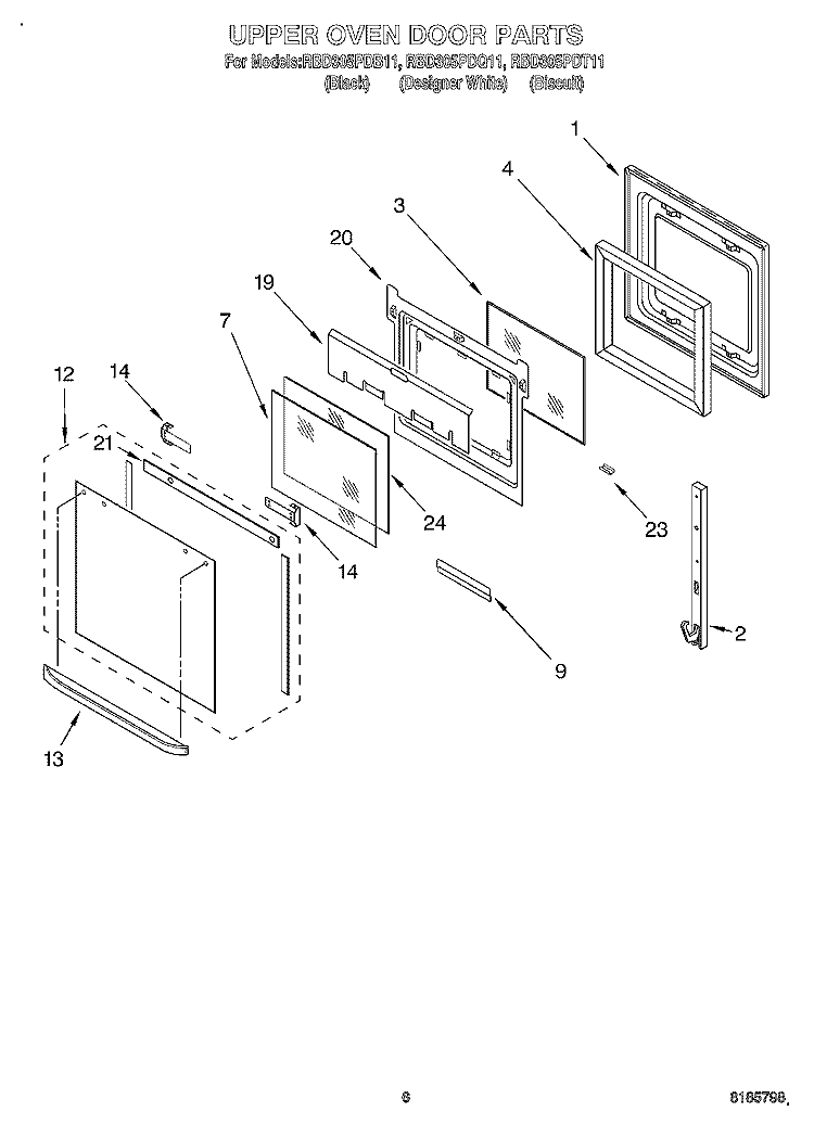 UPPER OVEN DOOR Diagram and Parts List for RBD305PDB11  Whirlpool Wall Oven