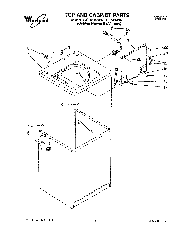 TOP AND CABINET Diagram and Parts List for 8LSR5132BN2  Whirlpool Washer