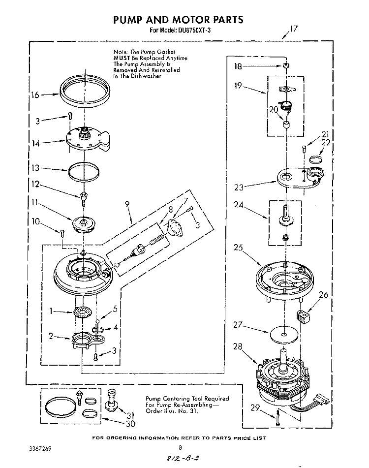 PUMP AND MOTOR Diagram and Parts List for DU8750XT3  Whirlpool Dishwasher