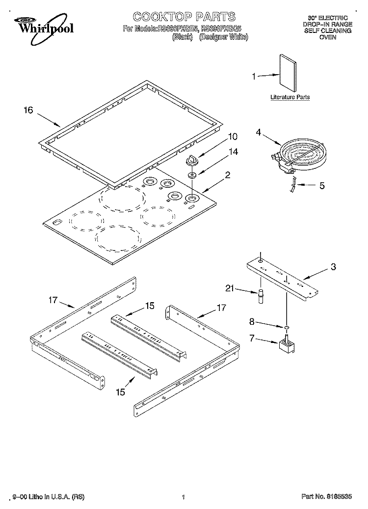 COOKTOP, LITERATURE Diagram and Parts List for RS696PXGB5  Whirlpool Range